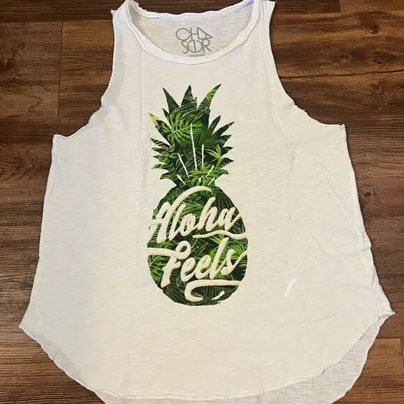 Chaser White “Aloha Feels” Pineapple Cutoff Tank Top - Picture 2 of 6